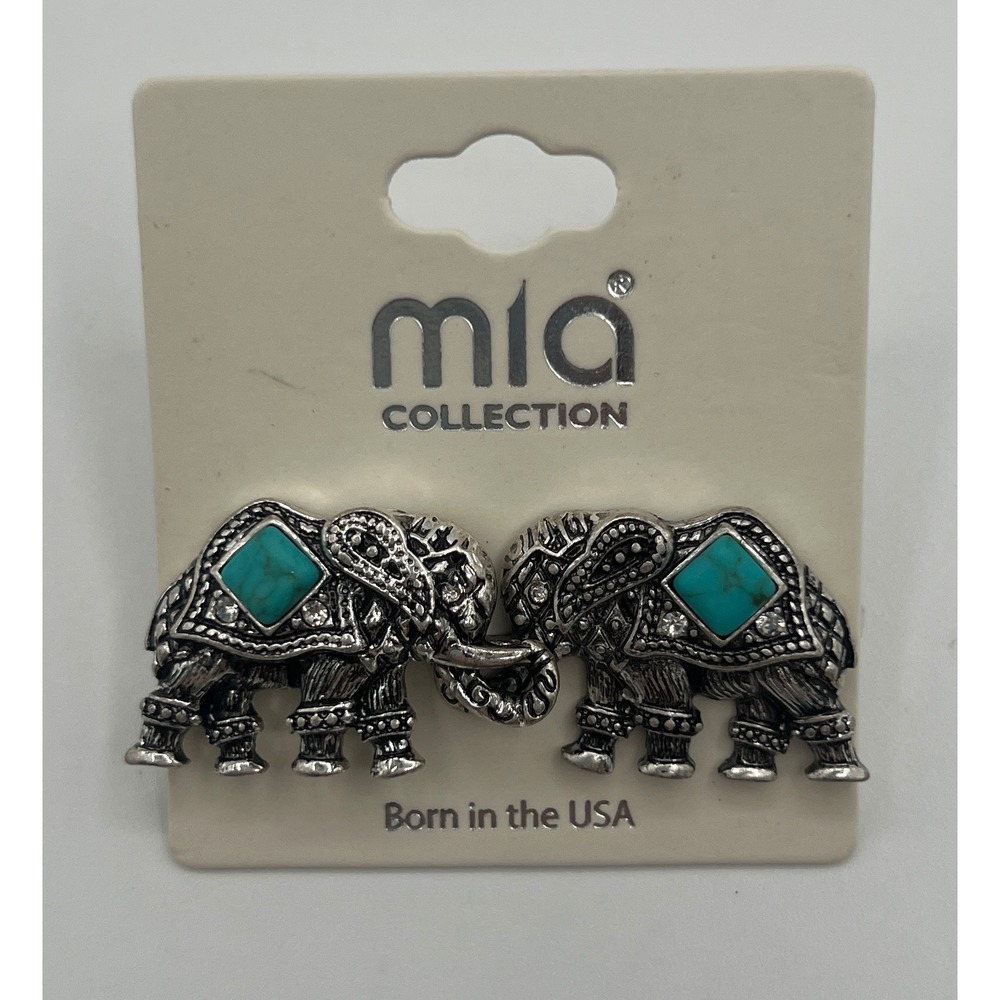 Mia Collection Elephant Stud Earrings Turquoise Faux Stone Silver Tone MME5120